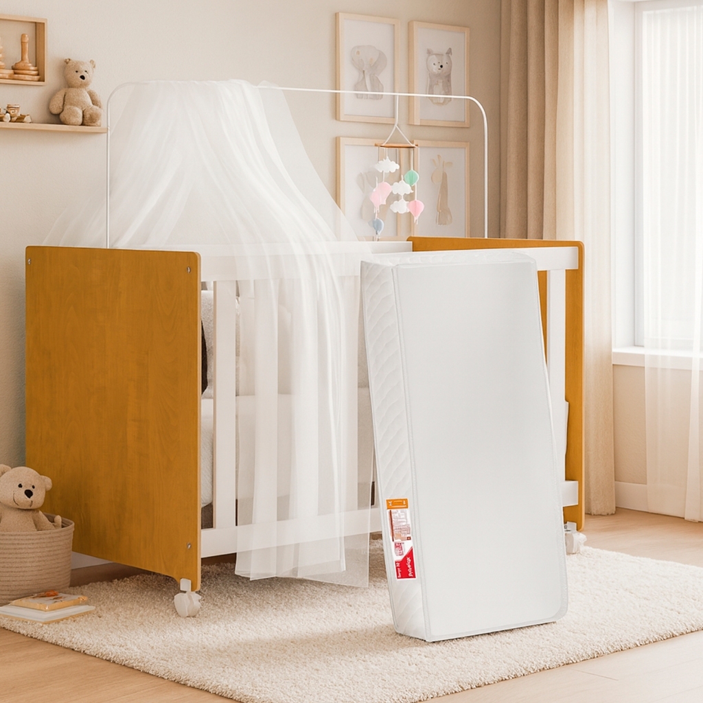 Berço Infantil Americano 3 Em 1 MDF Branco Com Colchão Incluso Rodinhas Com Trava Mini Cama Sofá