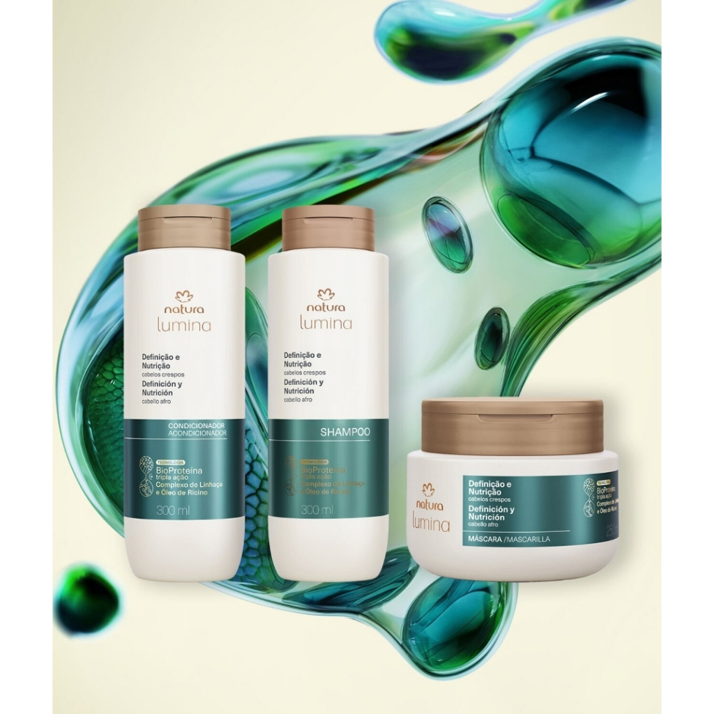 Kit Cuidados Cabelos Crespos Shampoo Condicionador Máscara Definição e Nutrição Lumina Natura Original