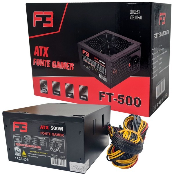 Fonte de Alimentação 500W Para PC Gamer F3 FT-500 Bivolt Alta Eficiência