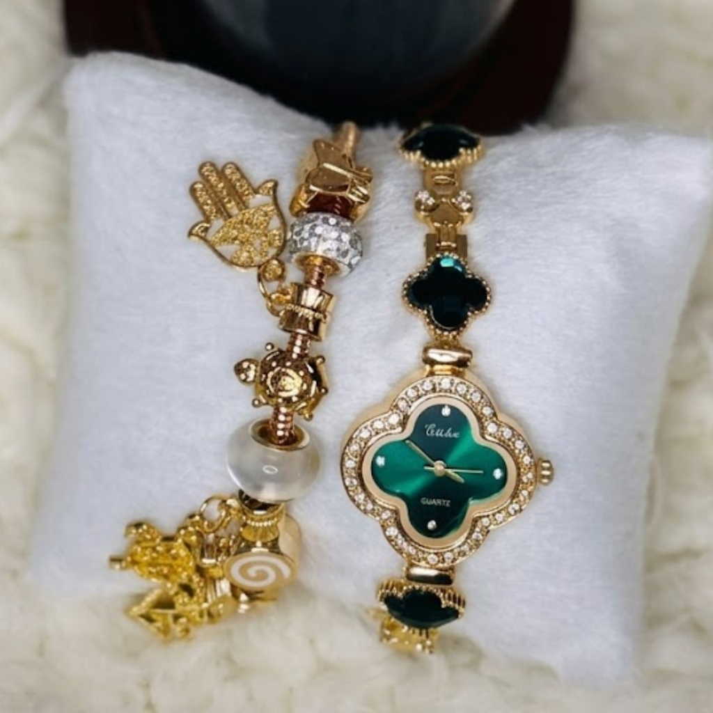 Kit Relógio Feminino Trevo de Diamantes Dourado e Verde - Elegância e Sorte com Design Sofisticado