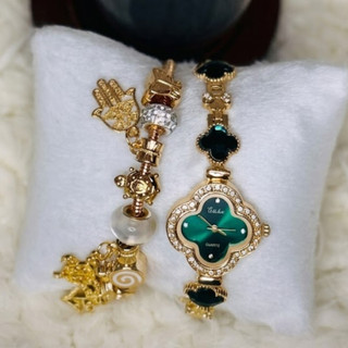 Kit Relógio Feminino Trevo de Diamantes Dourado e Verde - Elegância e Sorte com Design Sofisticado