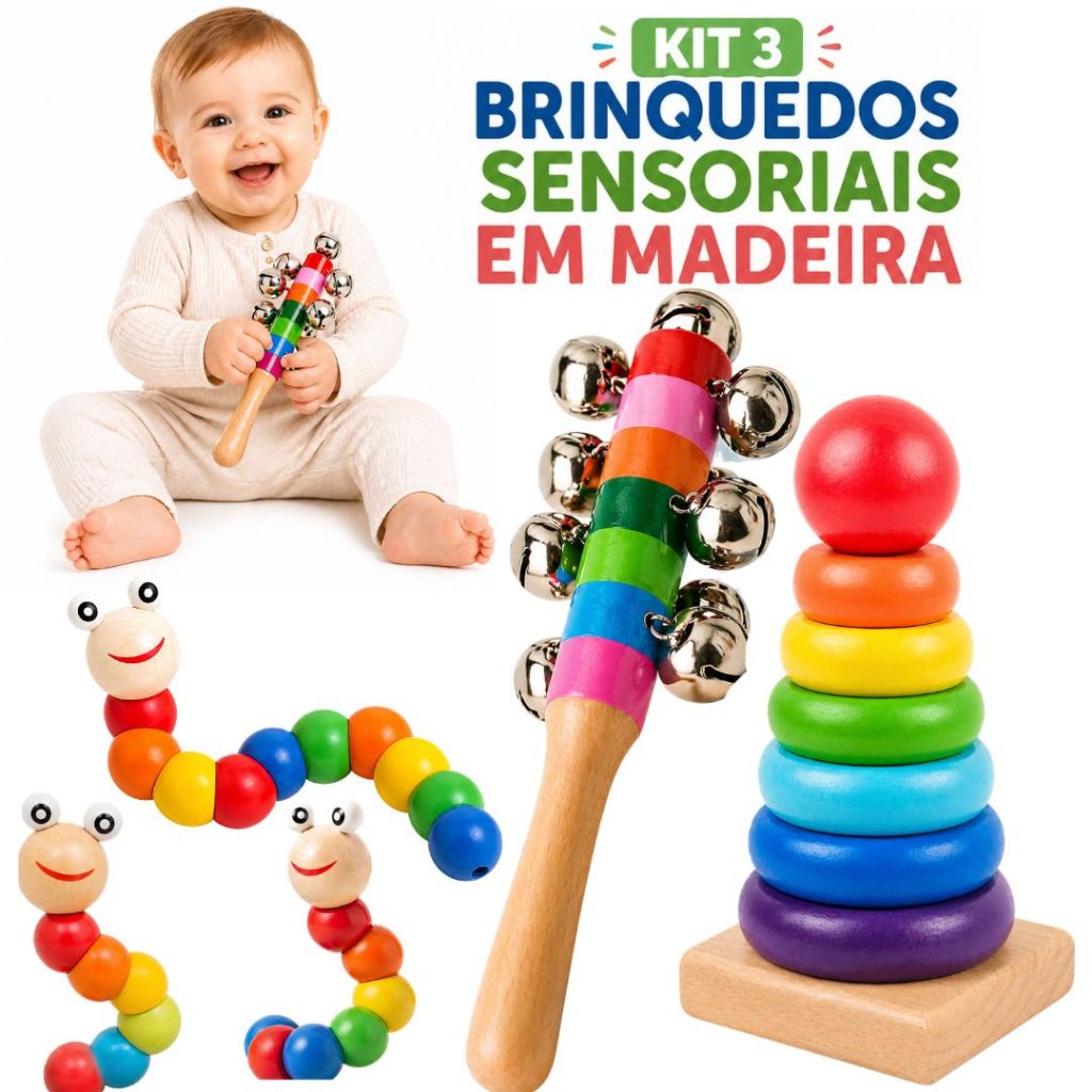 Kit 3 Brinquedos Educativo Montessori de Madeira Lagarta Lesma Minhoca Sensorial +Torre de Encaixe+Chocalho Musical