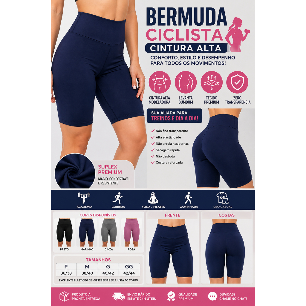 Bermuda Legging Poliamida Feminina Suplex com Cós Alto para Academia e Fitness