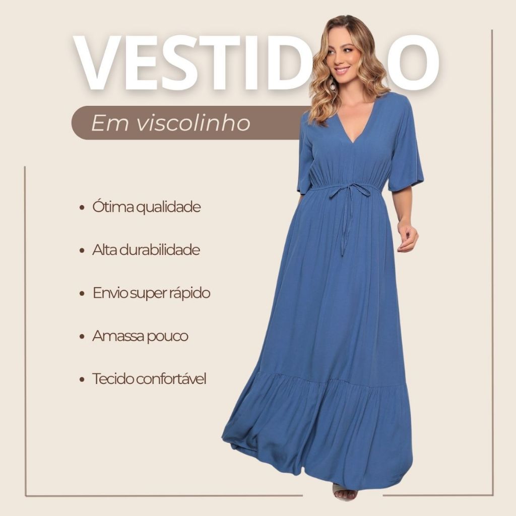 Vestido Longo Feminino Liso Tecido Viscolinho com Elástico na Cintura e Decote em Gola V