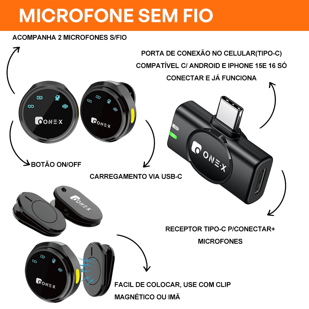 Detalhes do ONEX Microfone Lapela Sem Fio 2 em 1 para Celular Lightning com Redução de Ruído Duais discos sem fio