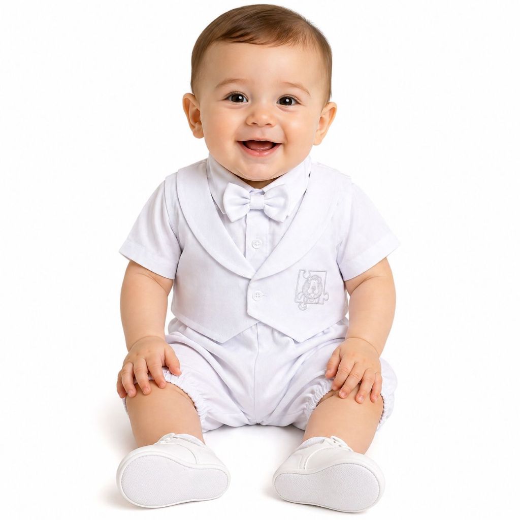 Conjunto Social De Bebê Menino Roupa Festa Neném Batismo Batizado Short, Colete e Camisa Branca C/ Gravata Borboleta