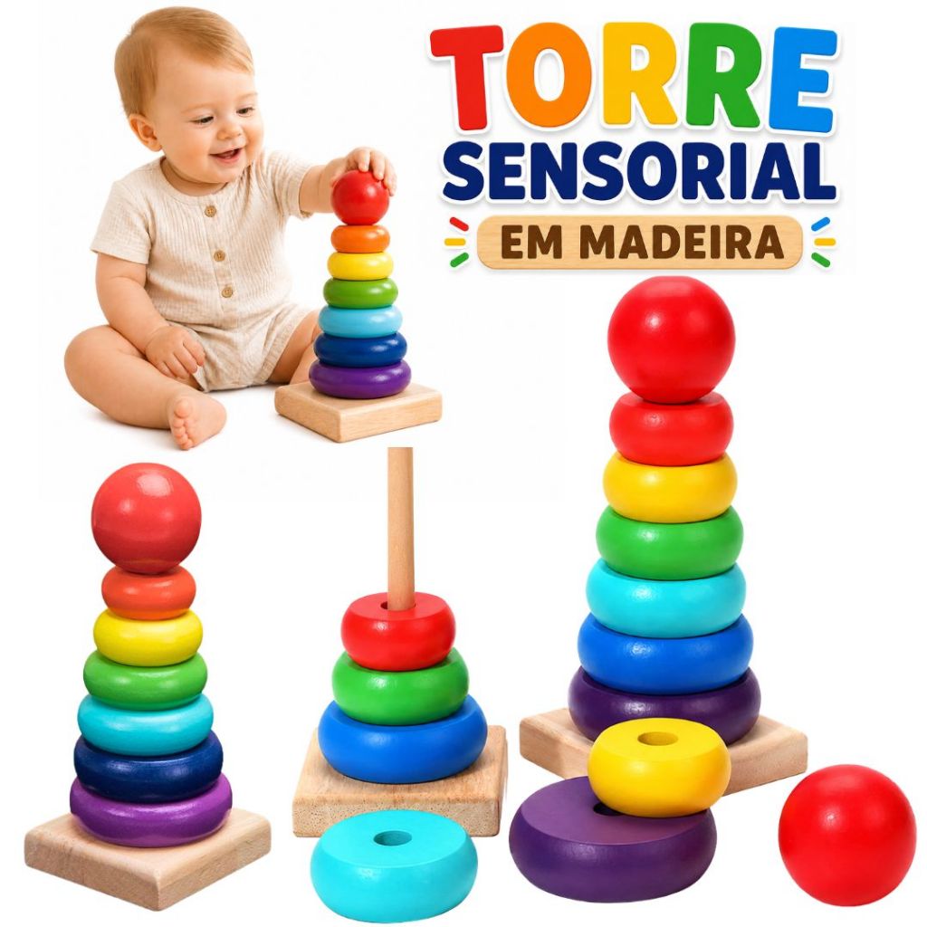 Brinquedo Educativo Montessori Torre Colorida Coordenação  MDF Empilhar Brinquedos Formas Encaixe