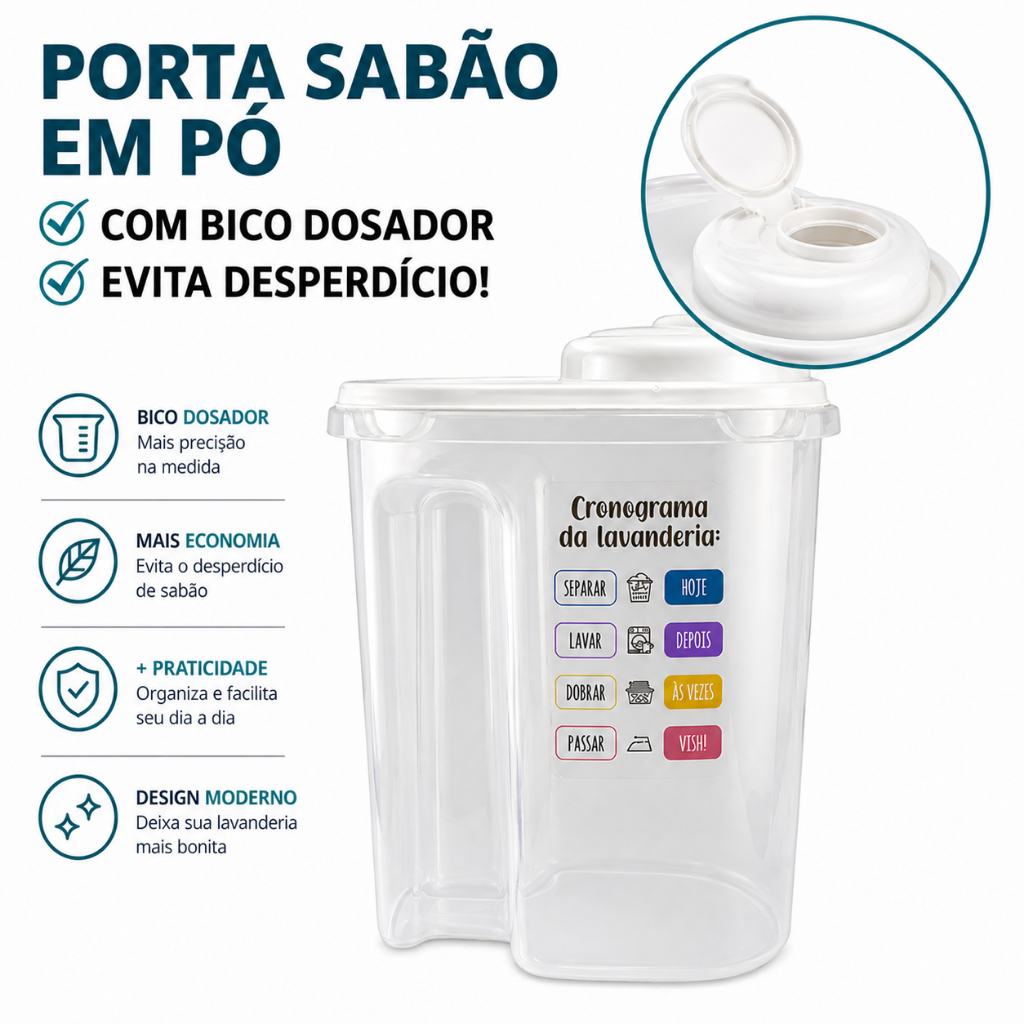 Porta Sabão em Pó 2 Litros Com Bico Dosador e Tampa 100% Segura!