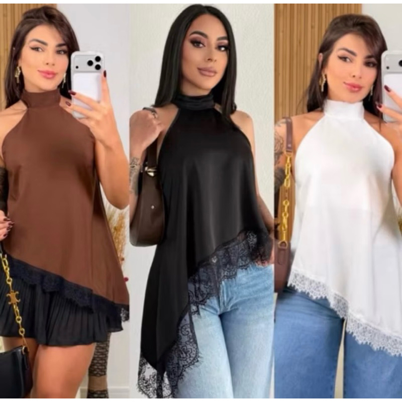 Blusa Feminina Gola Alta Assimétrica  Frente Única Com Renda Bata sofisticada Elegante Tendência Inverno
