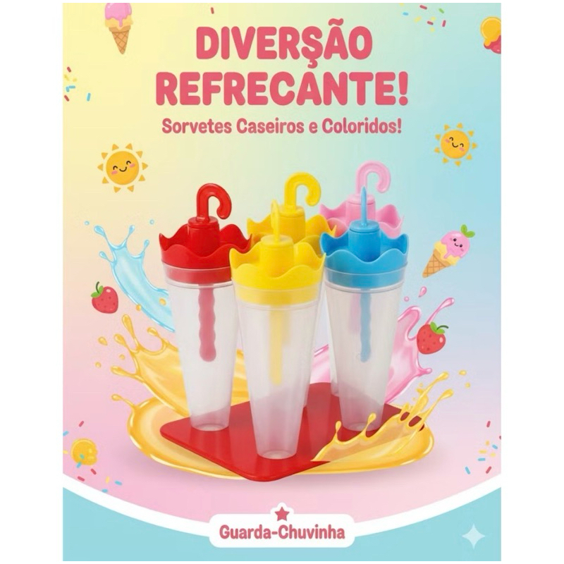 Forma para Fazer Sorvete Picolé Picoleteira Palito Caseiro 4 Cavidades e forma de guarda-chuva