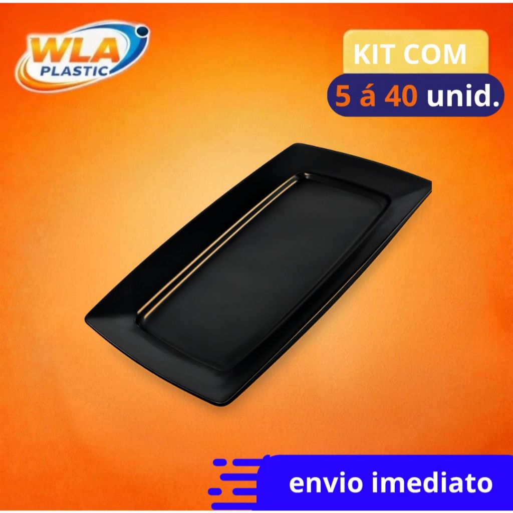 Kit 5 a 40 Bandeja Petisqueira 30x17,5cm Plástica Preta Para Porções Lanches Churrasco Bar Restaurante Pastel Espetinho