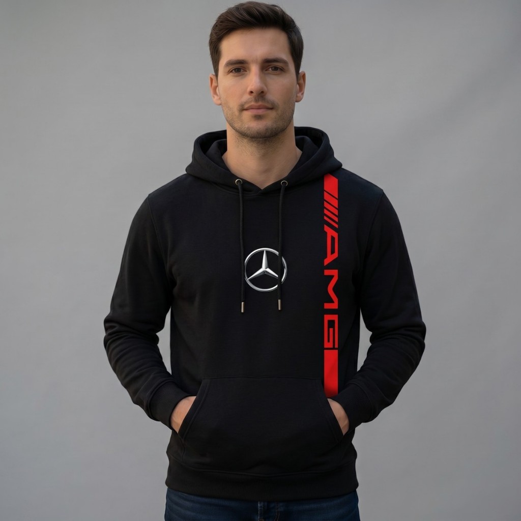 Moleton Canguru Masculino Preto Mercedes- Benz Flanelado Com Capuz Estampa Estilo Automotivo Premium
