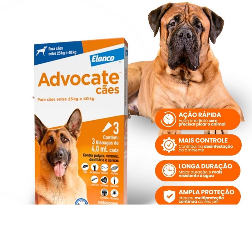 Advocate Elanco 4,0 mL para Cães de 25 Kg até 40 Kg - 3 Bisnagas