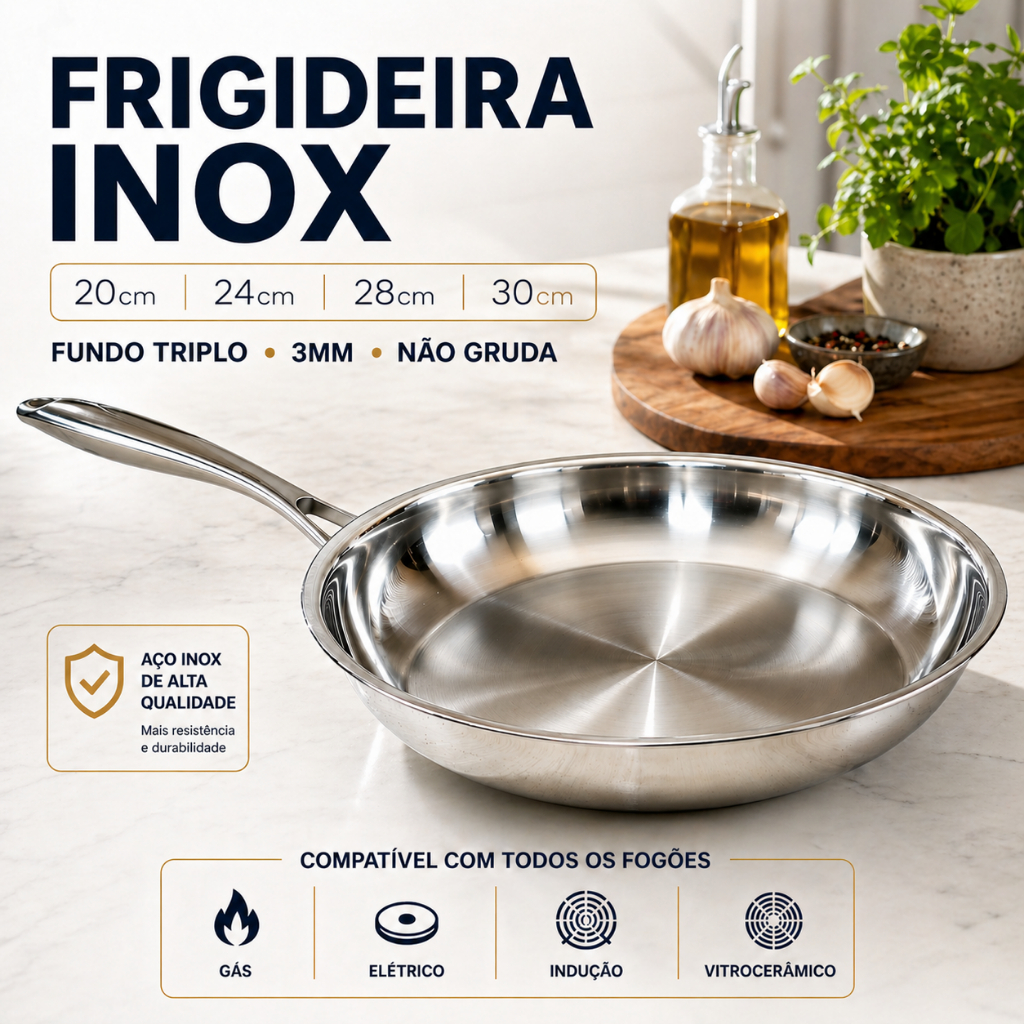 Imagem Frigideira Inox 304 Fundo Triplo 16/20/24/28/ 30cm Linha Premium Profissional