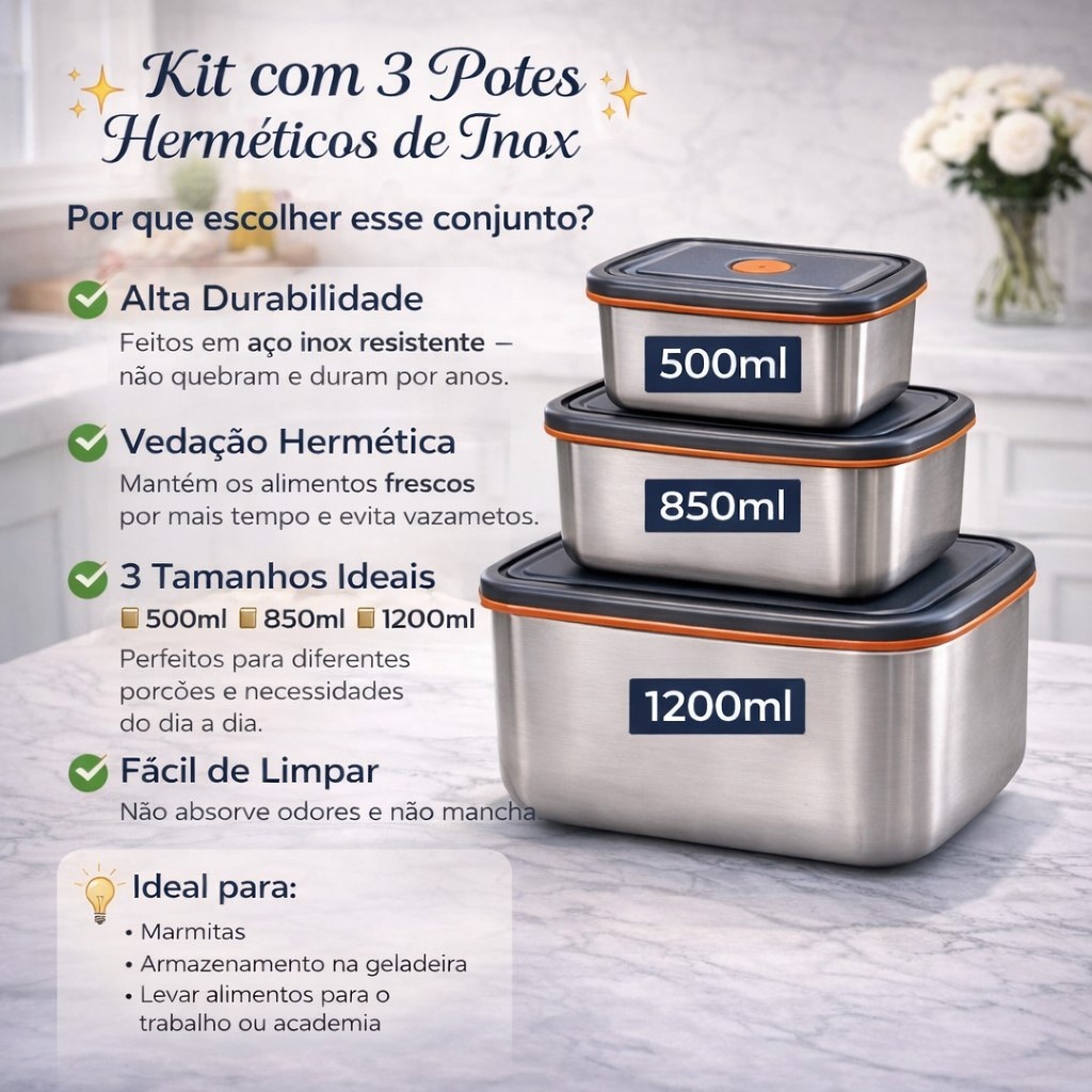 Kit 3 Potes De Aço Inox Hermético Com Tampa Vasilha Marmita Multiuso Para Alimentos Cozinha