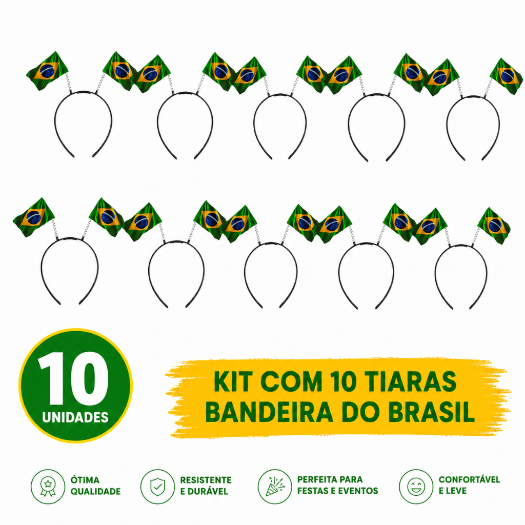 Kit 10 Tiara Arco C/Bandeirinha p/ Cabelo Copa do Mundo Brasil Torcida Jogo Seleção Brasileira