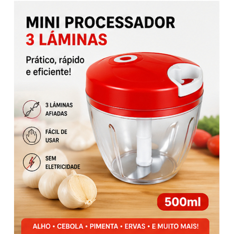 Mini Processador Manual 500ml Triturador Alho Cebola 3 Lâminas Cozinha Prático