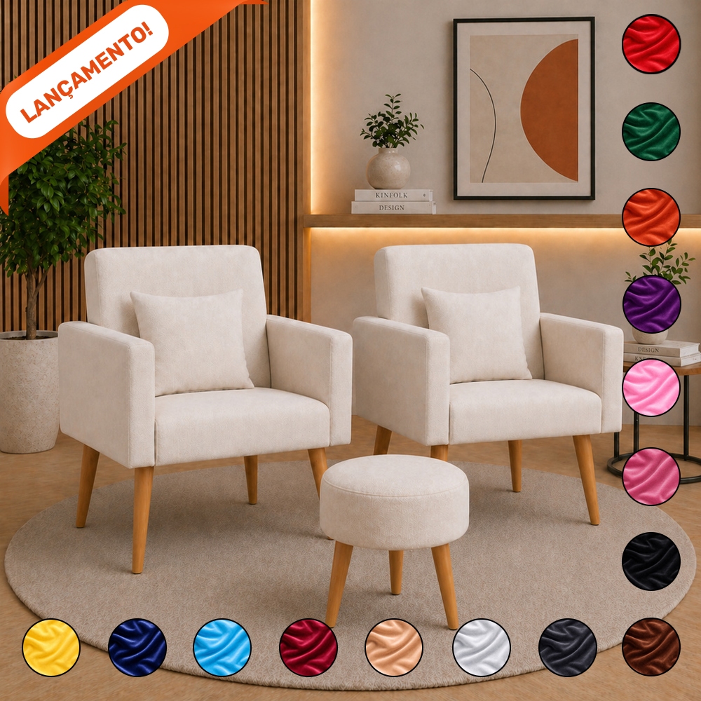 Conjunto 2 Poltronas Decorativo Para Sala Nina e 1 Puff Redondo Pés Palito Suede Aninha Poltronas