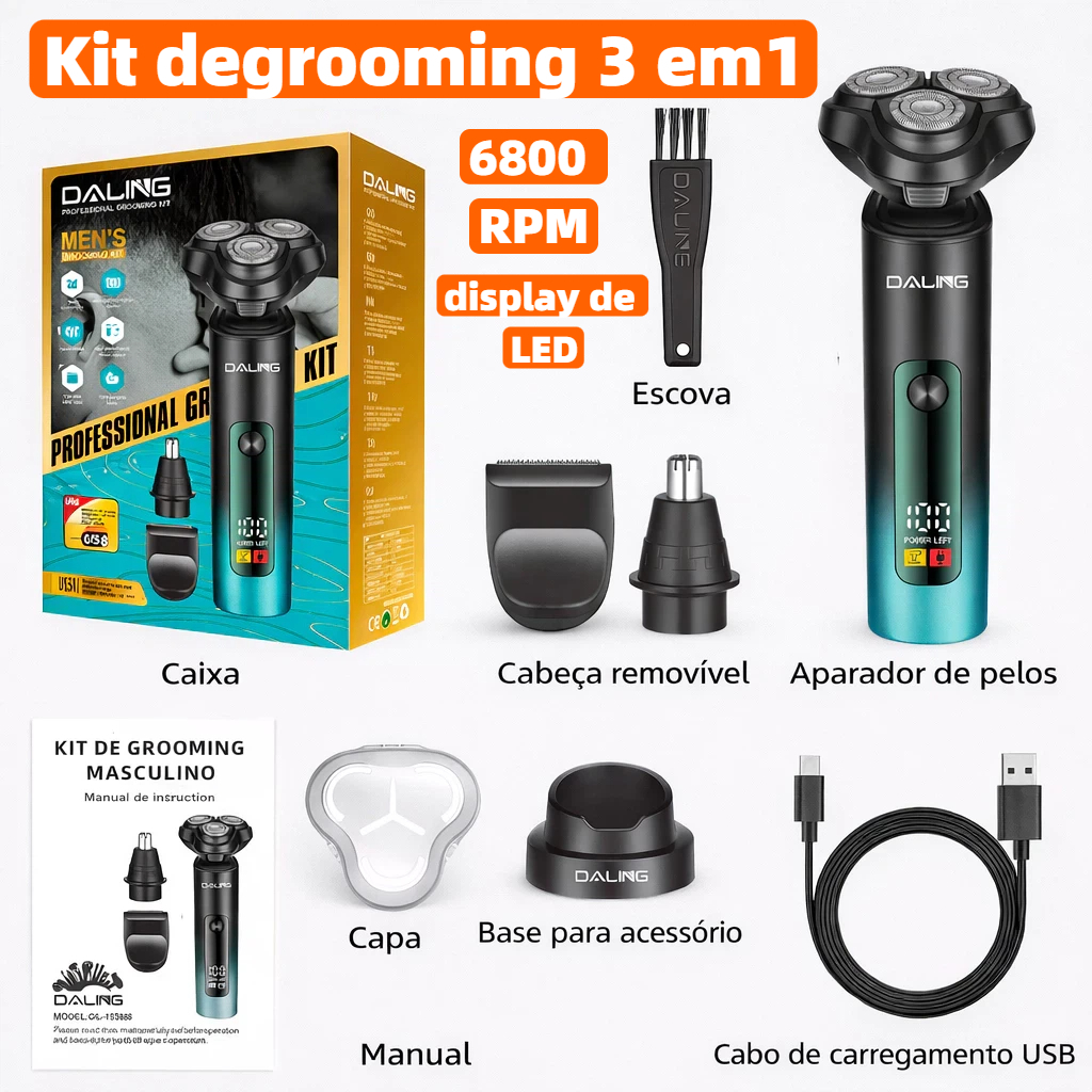 Maquina De Barbear Aparador e Depilador de Pelos Elétrico 3 Em 1 Shaver Nariz Barba Pelos e Corpo DL-9501