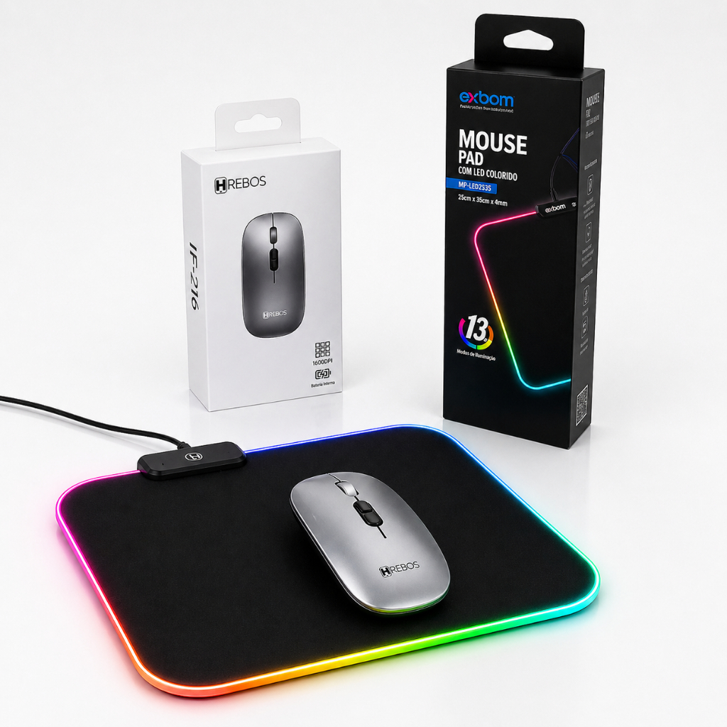 Kit Mouse Bluetooth Recarregável Hrebos + Mouse Pad Gamer RGB 25x35cm