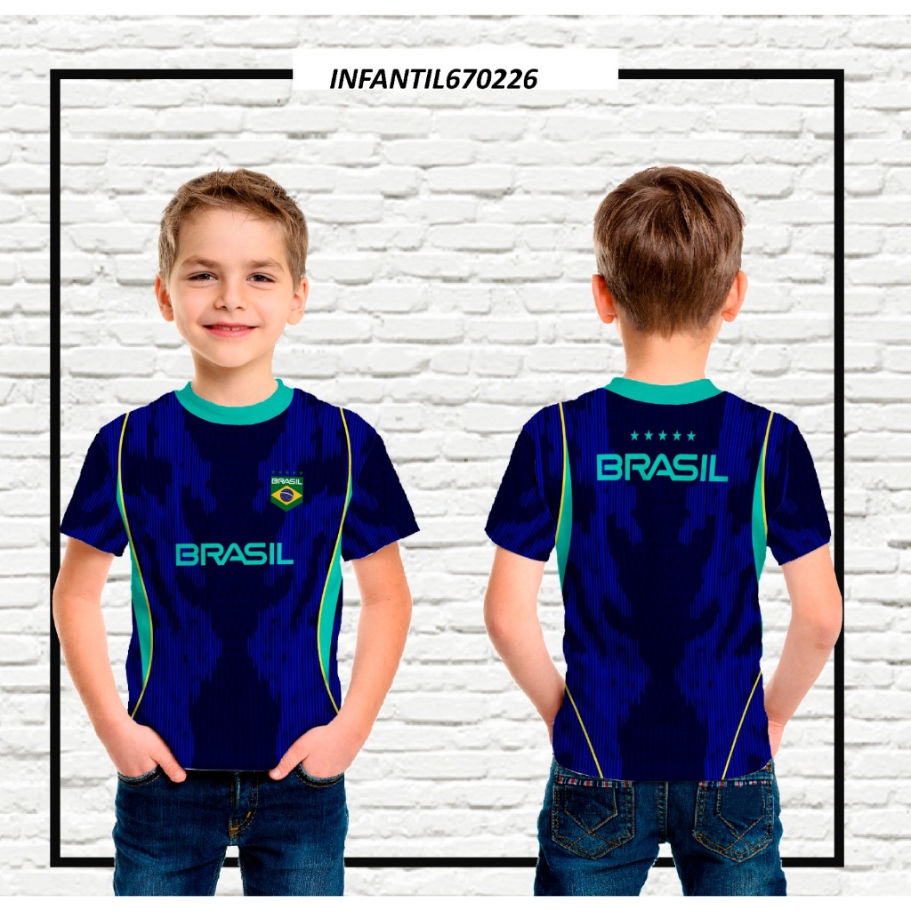 Camiseta Infantil e Adulto Futebol Azul em tecido Dryfit