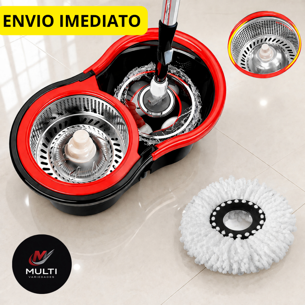Mop Esfregão Giratório 13 Litros Plástico 360° com Refil Balde e Cesto de Inox Cabo de 140 cm