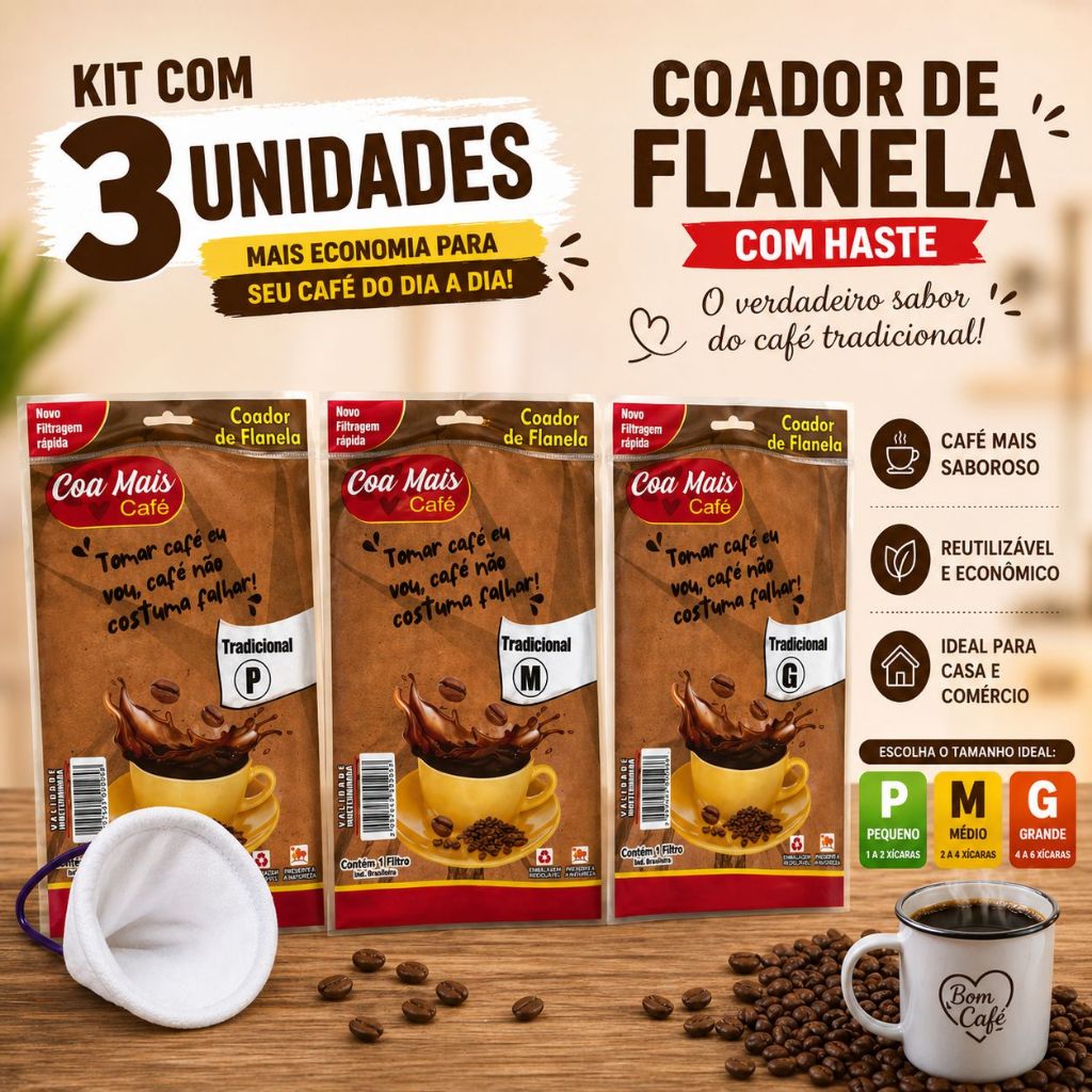 Kit 3 Coador de Café Leite Chá Algodão Flanela com Haste Cozinha Utilidades – Tamanhos P, M ou G – Reutilizável
