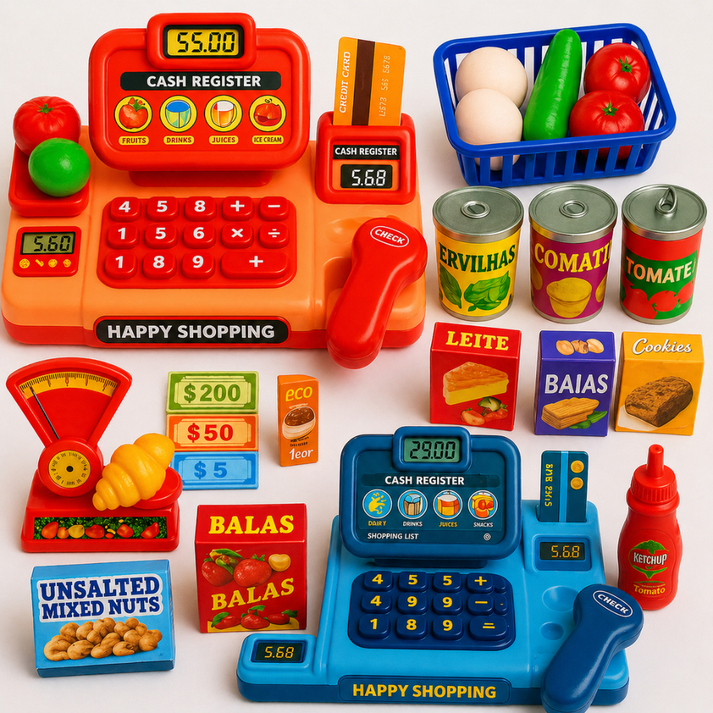 Kit Brinquedos Menino Menina 29 Pecas Mercadinho Infantil Caixa Registradora Comidinha Mercado Kids