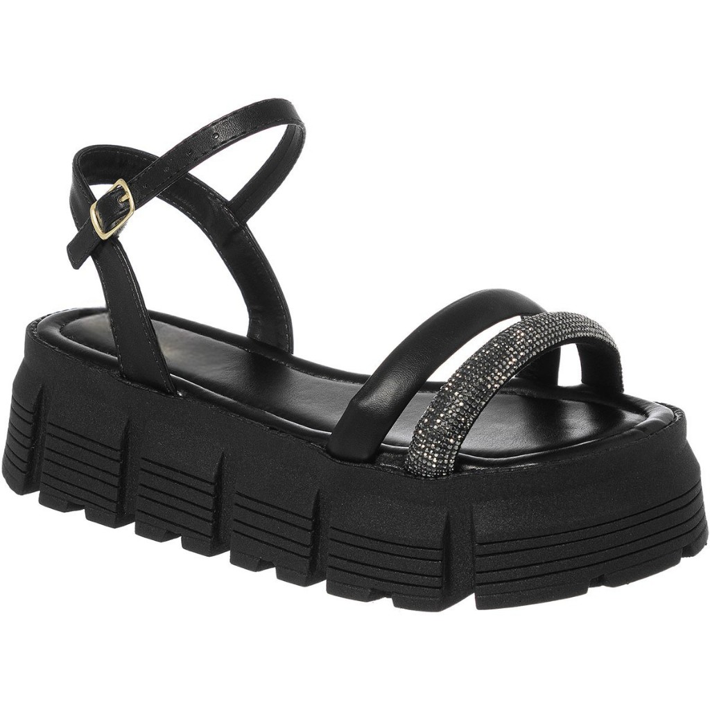 Sandália Feminina Plataforma Preta Brilho Strass Antiderrapante Confortável Casual Fashion
