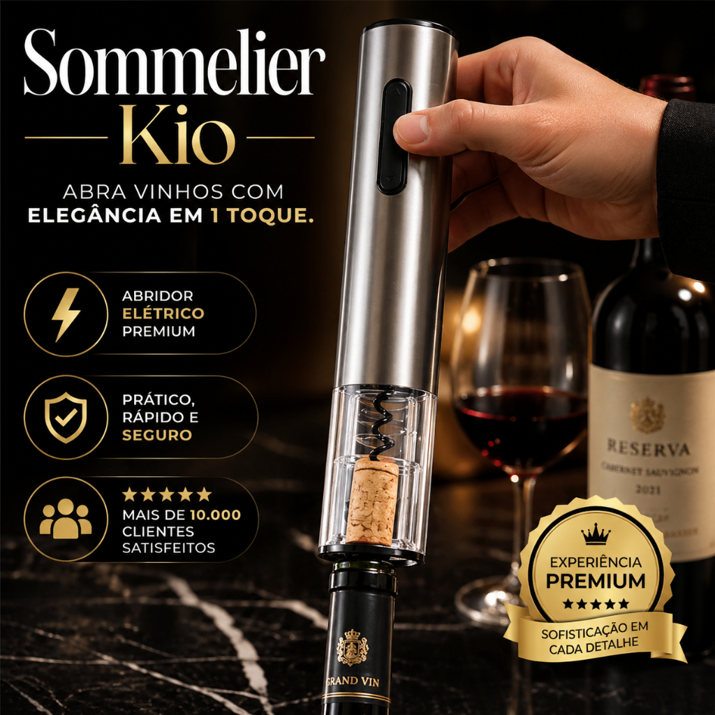 Abridor de Vinho Elétrico Sommelier Kio Automático, Elegante e Sem Esforço para Rolhas, Jantares, Presentes e Momentos