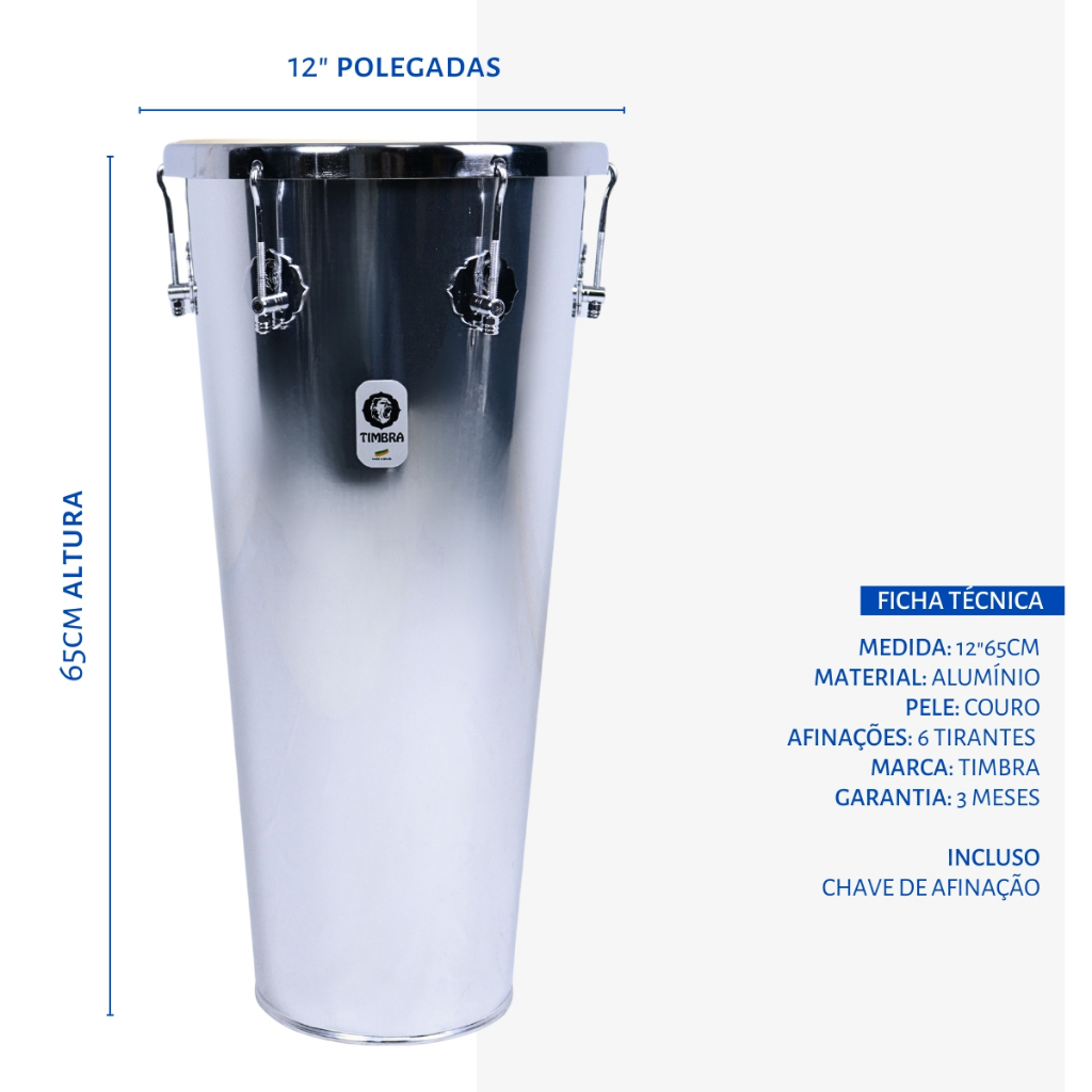 Tantan Rebolo Timbra Original 12" 65cm Alumínio Reforçado Cônico Couro Animal Samba Pagode