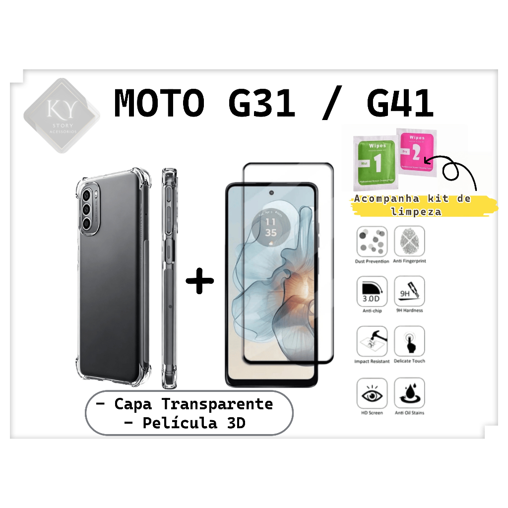 Capa Anti Shock Capinha + Película Vidro 3D Compatível Moto G31/G41
