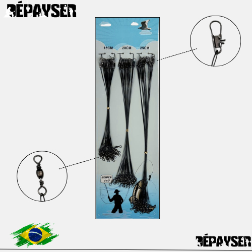 Cabo de Aço Pesca Kit 60 Chicotes Encastoados com Snap Girador 15 20 25cm Anti Mordida
