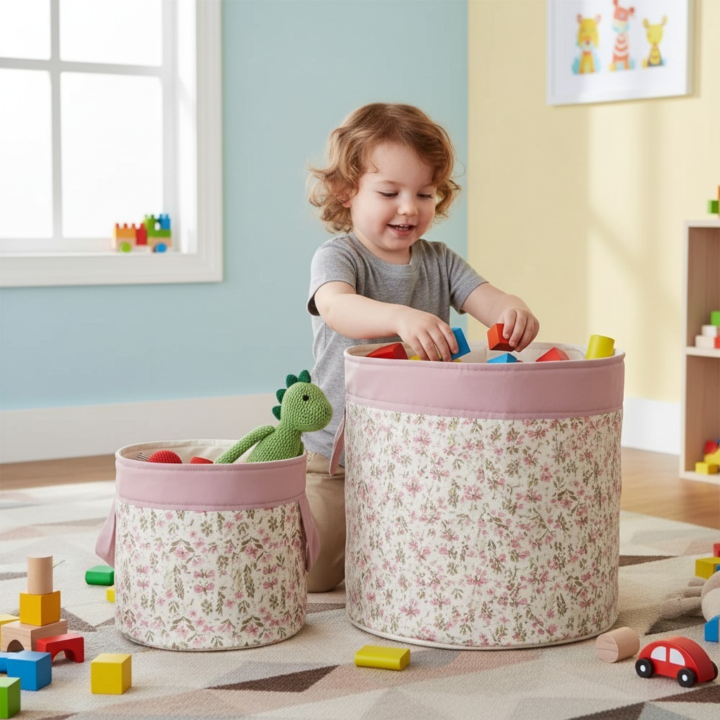 Detalhes do CESTO ORGANIZADOR DE ROUPA E BRINQUEDO ,  2 PEÇAS TECIDO EM TRICOLINE 100% ALGODAO VARIAS ESTAMPAS