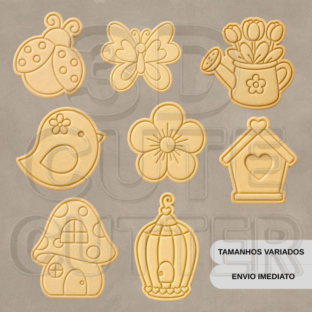 Cortador e Marcador de Biscoito Jardim Encantado Regador Borboleta Flor Passarinho Gaiola Cogumelo Joaninha Casinha