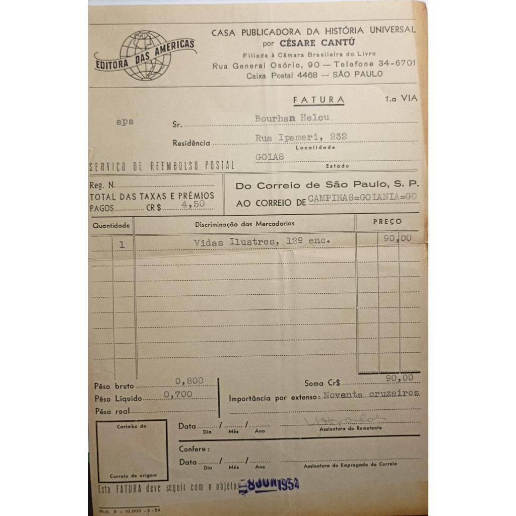 Fatura Editora das Américas História Universal 1954 Bourhan Helou Goiás Documento