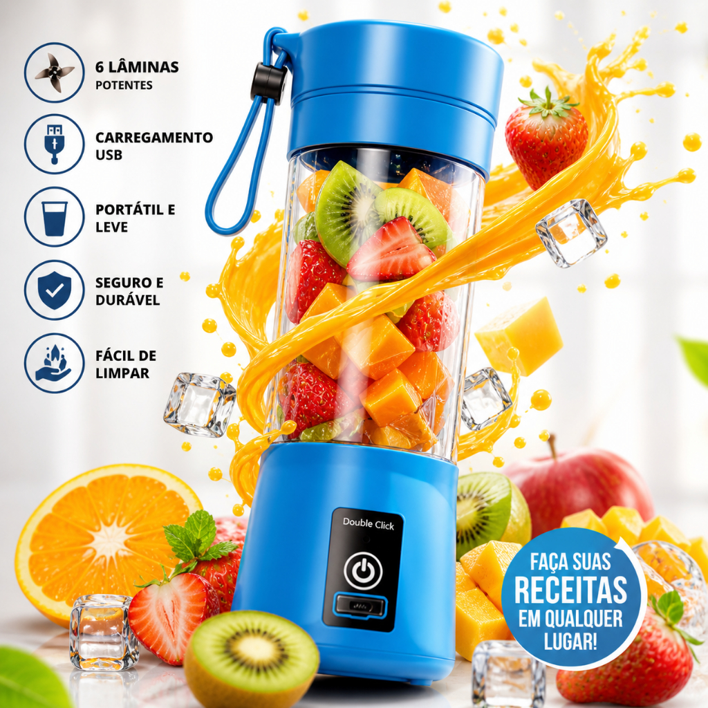Mini Liquidificador Portátil 6 Lâminas USB Mixer Shake Fitness Suco Detox