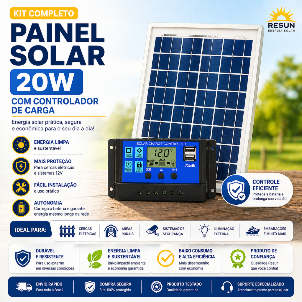 Painel Placa Solar Fotovoltaico 20W - Resun RSM020-P + Controlador de carga
