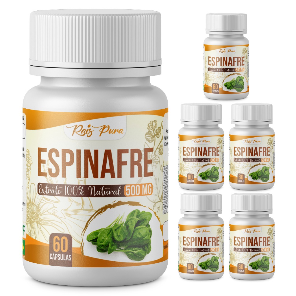 KIT 6 UNID - EXTRATO DE ESPINAFRE 100% PURO | 500 MG - 60 CÁPSULAS