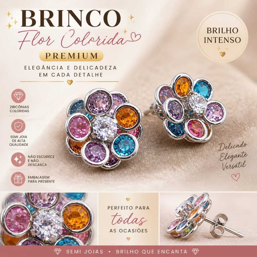 Brincos Coloridos Feminino Modelo Flor ou Navete Semi Joia Elegante Zircônia Brilho Intenso