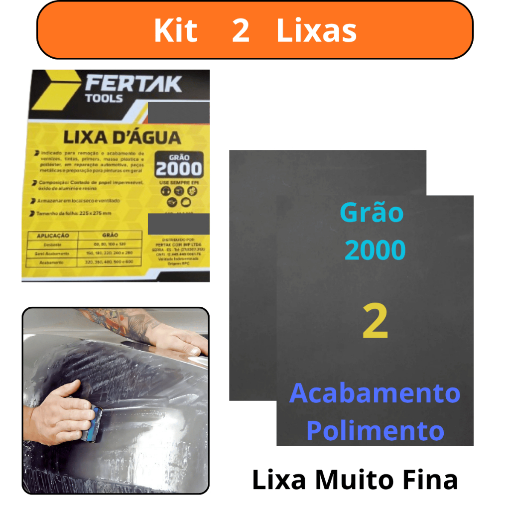 Lixa D'água Grão 2000 kit com 2 folhas Polimento Lixamento Superfície Licha Metal Plásticos Fibra