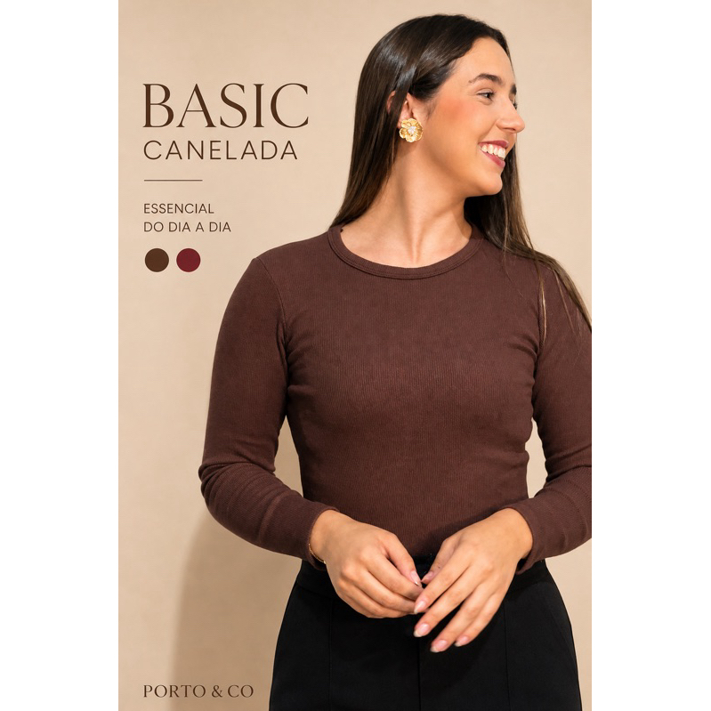 Blusa Feminina Básica Manga Longa Justa Canelada Confortável Casual Elegante Inverno Bordo Marrom