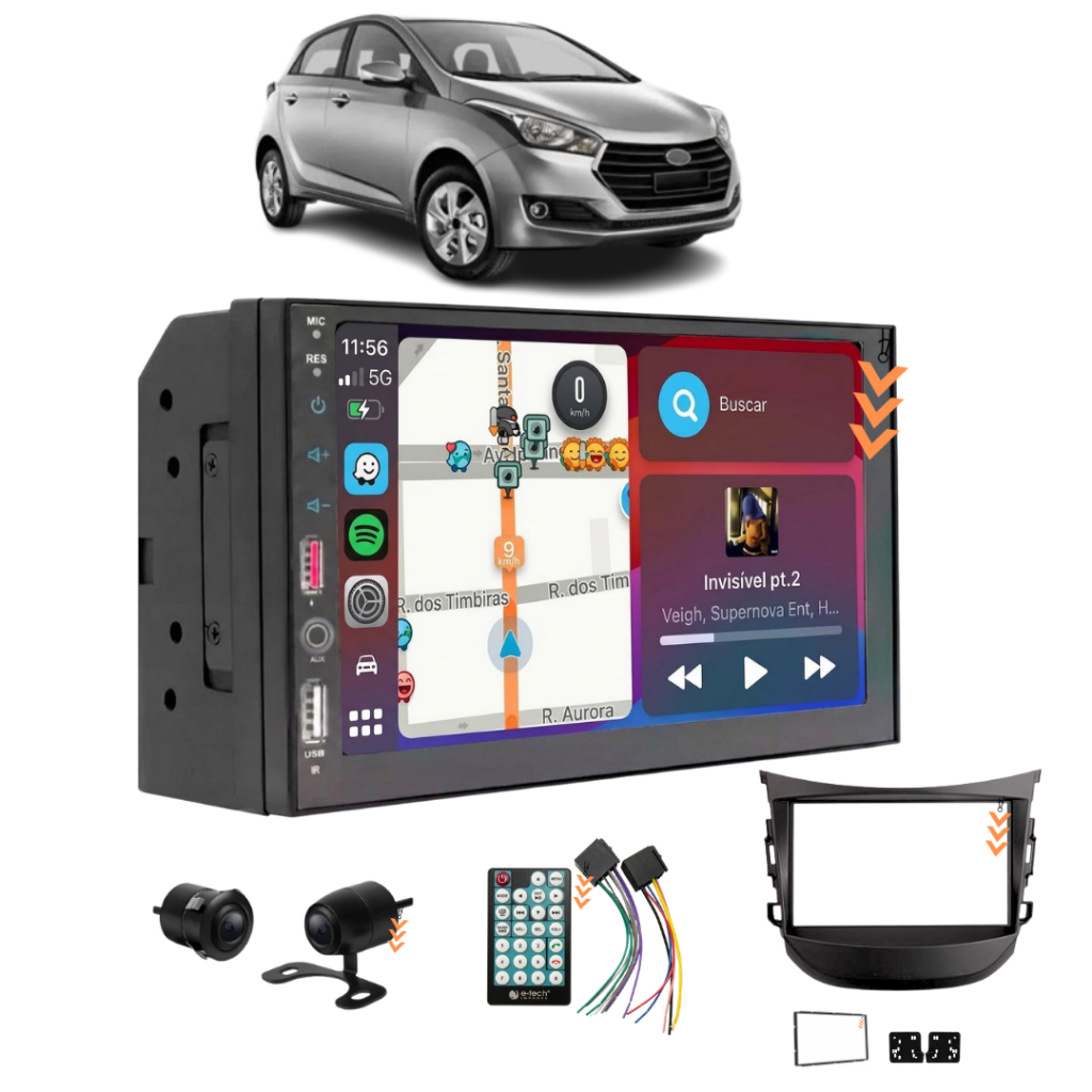 Central Multimidia Android Auto CarPlay Sem fio 7 Polegadas HB20 2012 até 2019 Com Câmera De Ré