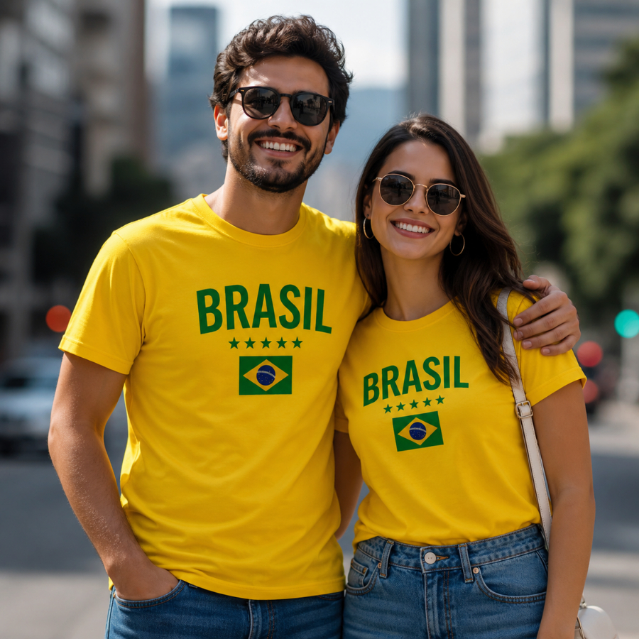 Kit Camisa Casal do Brasil Camiseta Estampada 100% Algodão Premium Blusa Para Copa 2026