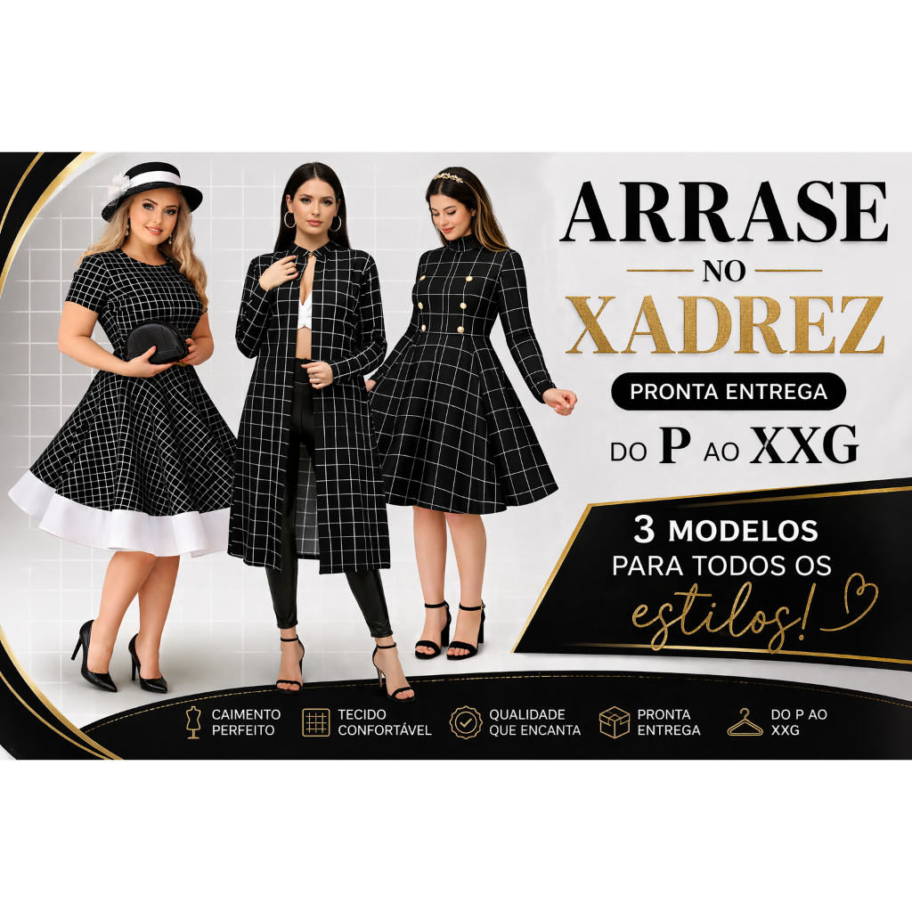 Vestido Moda Evangélica Brás Cristã Elegante Soltinho ou Casaco Xadrez Fardamento Midi Plus Size Rodado Midi