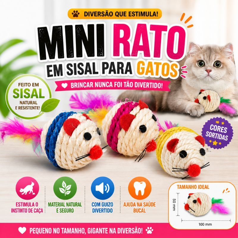 Brinquedo Mini Rato Sisal Para Gatos Interativo com Pena Resistente Estimula Instinto Pet