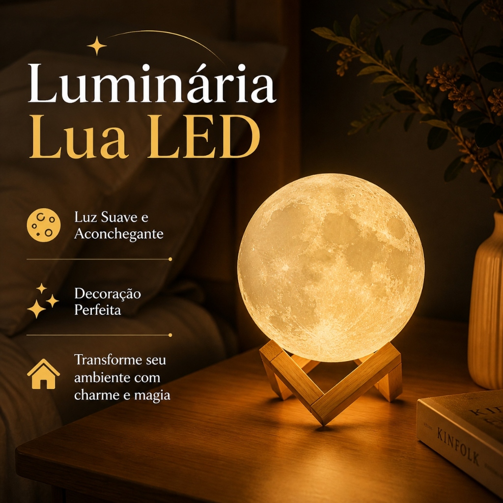 Luminária Lua Cheia LED Com Suporte Luz Noturna Decorativa Abajur sem fio Lua Quarto Romântico Infantil