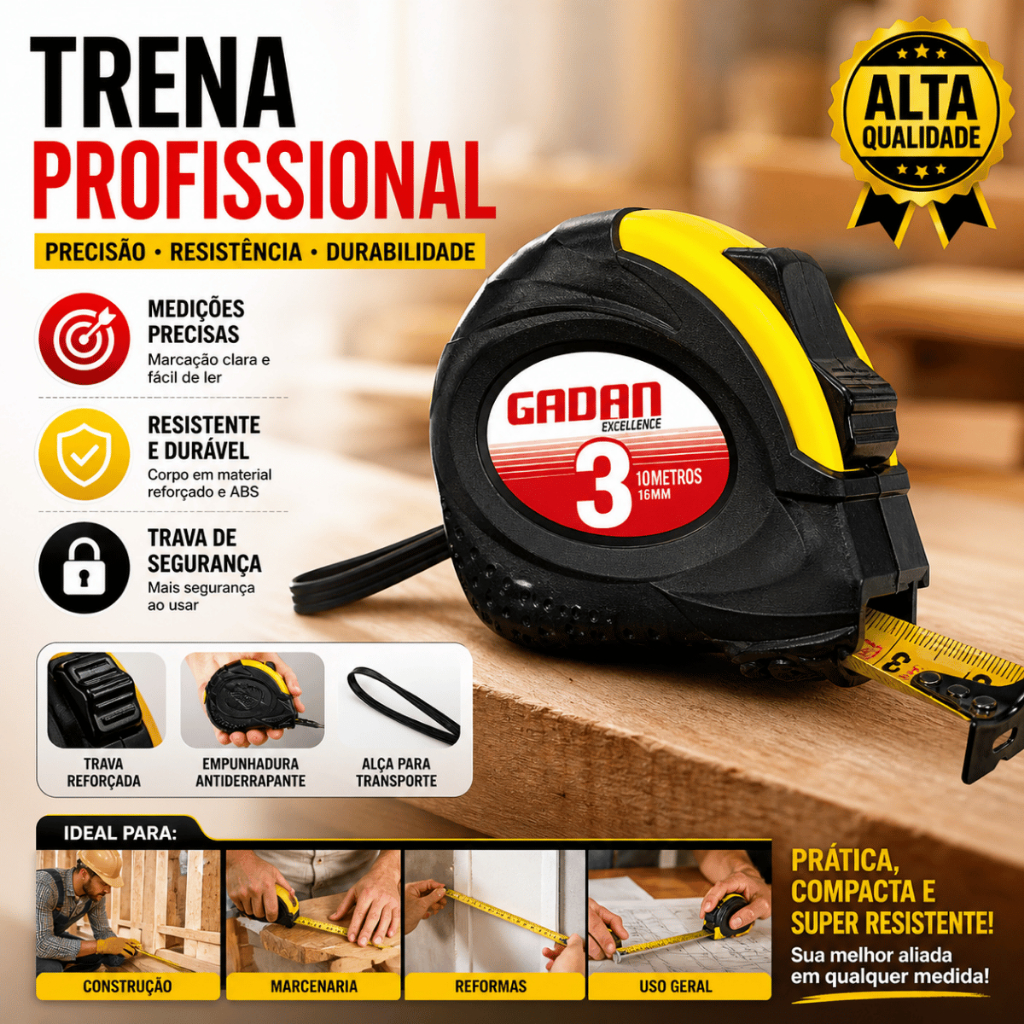 Kit Trena Métrica 3 metros Profissional Emborrachada com Trava Fita de Aço Alta Precisão