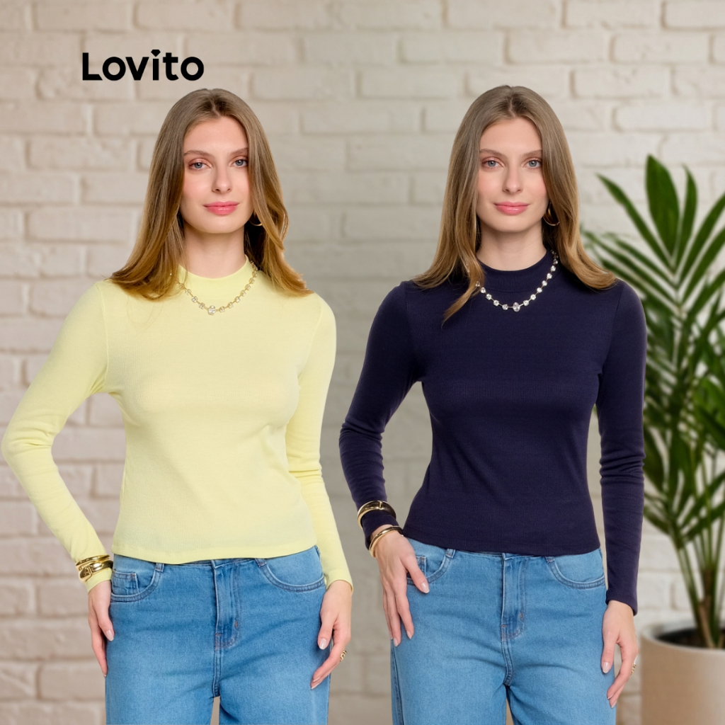 Imagem Lovito Kit de 2 Blusas Manga Longa Casual Feminino Manga Longa Gola Alta BLB19291959