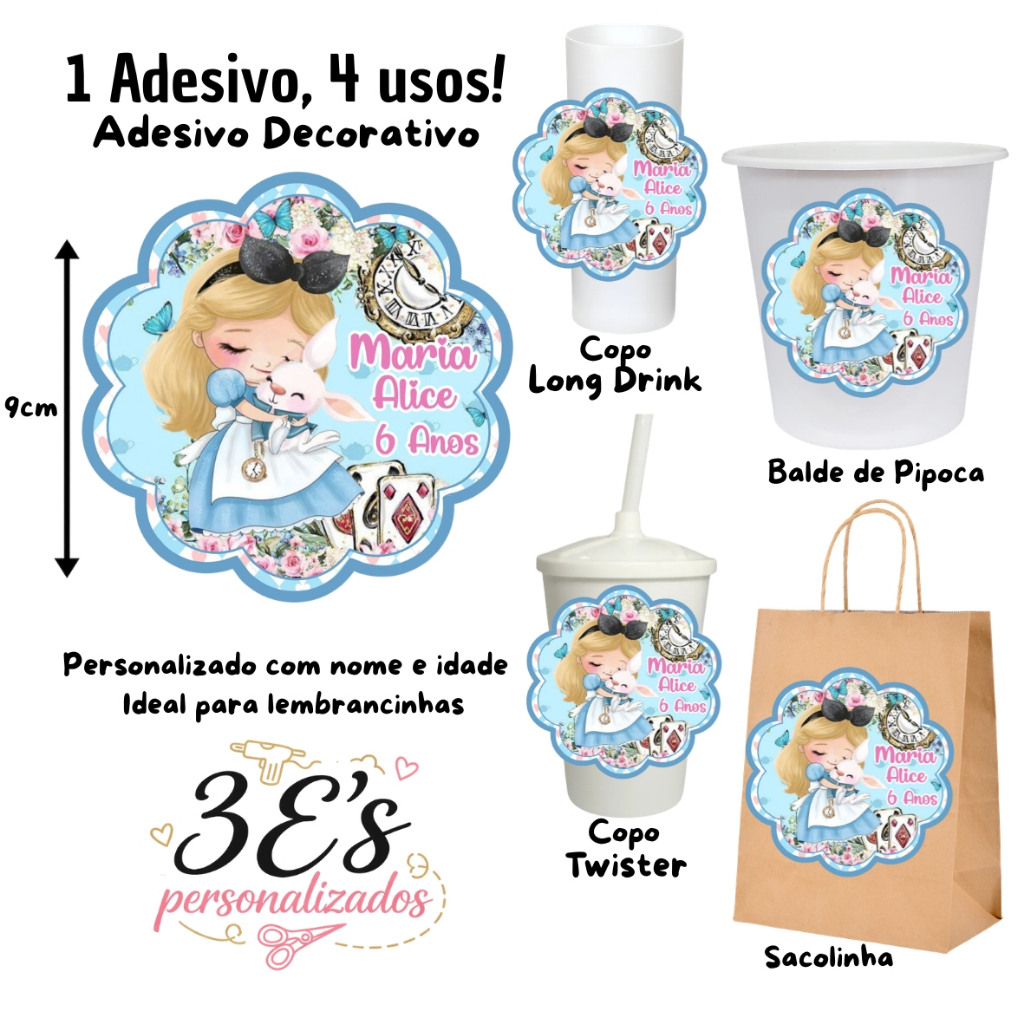 Alice No País Das Maravilhas Cute Adesivo Personalizado Sacolinhas Balde Copo Twister Copo LongDrink